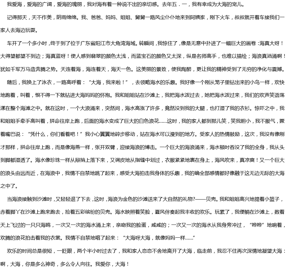 2020年中考滿(mǎn)分作文參考1100字范文：看海